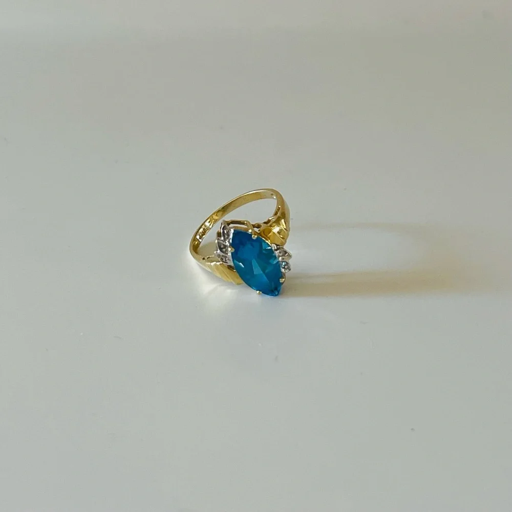 14K Yellow Gold Marquise Blue Topaz Diamond Anniversary Cocktail Statement Sz 7